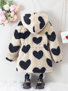 SHEIN Elladie kids 年轻女孩 1 件毛绒保暖经典街头风格连帽长袖外套年轻女孩蓬松外套 - 卡其色 - 查看 2