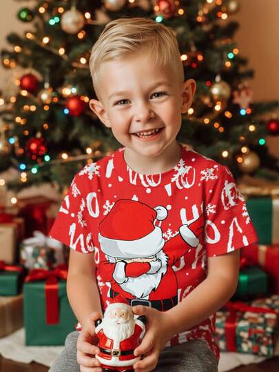 SHEIN Baby Boy Casual Minimalist Fashion Christmas Pattern, Santa Claus Dancing Graphic Print Round Neck Short Sleeve T-Shirt, Suitable For Autumn/Winter, Suitable For Christmas
