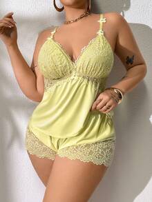 Softscene Plus Size Lace Patchwork Elastic Knit Sexy Backless Camisole & Shorts Pajama Set - Yellow - View 5
