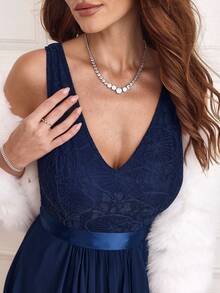 无袖 V 领收腰 A 字型优雅浪漫女士派对连衣裙长款女装 - 藍色 - 查看 6