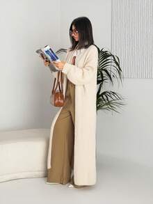 Ronhire Apricot Plush Extra Long Cardigan,Women's Solid Color Casual Knit Cardigan,Fall Women Outfits,Winter Women Clothes,Women Sweaters ,Soft And Comfortable Fabric Warm, Simple Fashion, Old Money Style, Suitable For Daily Street, Commuting, Home Wear,Ladies Winter Casual Drop Shoulder Loose Khaki Plain Women Cardigans,Casual Daily Wear Long Cardigans Ladiesduster Cardiganlong Sweater Cardigan - Khaki - View 3