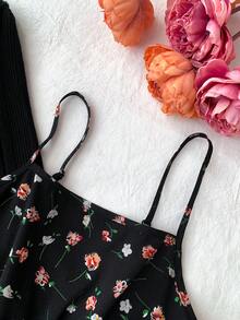 SHEIN 少女秋冬黑色纹理针织长袖开衫毛衣和碎花吊带裙两件套休闲复古装 - 黑色 - 查看 6