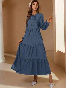 Mulvari Tie Neck Lantern Sleeve Ruffle Hem Dress Maxi Women Outfit - Dusty Blue - View 5
