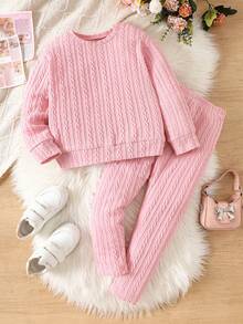 2pcs/Set Young Girl' Autumn New 2025 Jacquard Knit Pullover Sweater & Casual Pants Set, Crew Neck Long Sleeve, Pink, Versatile For Home, Commute, School - Pink - View 3