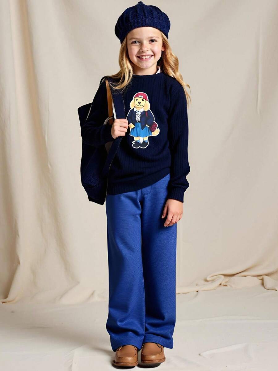 PrepCrw 2pcs Tween Girls Elegant School Style Casual Urban Puppy Graphic Navy Ribbed Crew Neck Long Sleeve Sweatshirt And Blue Pants Set, Suitable For Outings, Gatherings, Back To School, Autumn/Winter