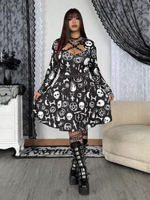 Whyspr Plus Size Women Gothic Style Skull Print Criss-Cross Long Sleeve Dress