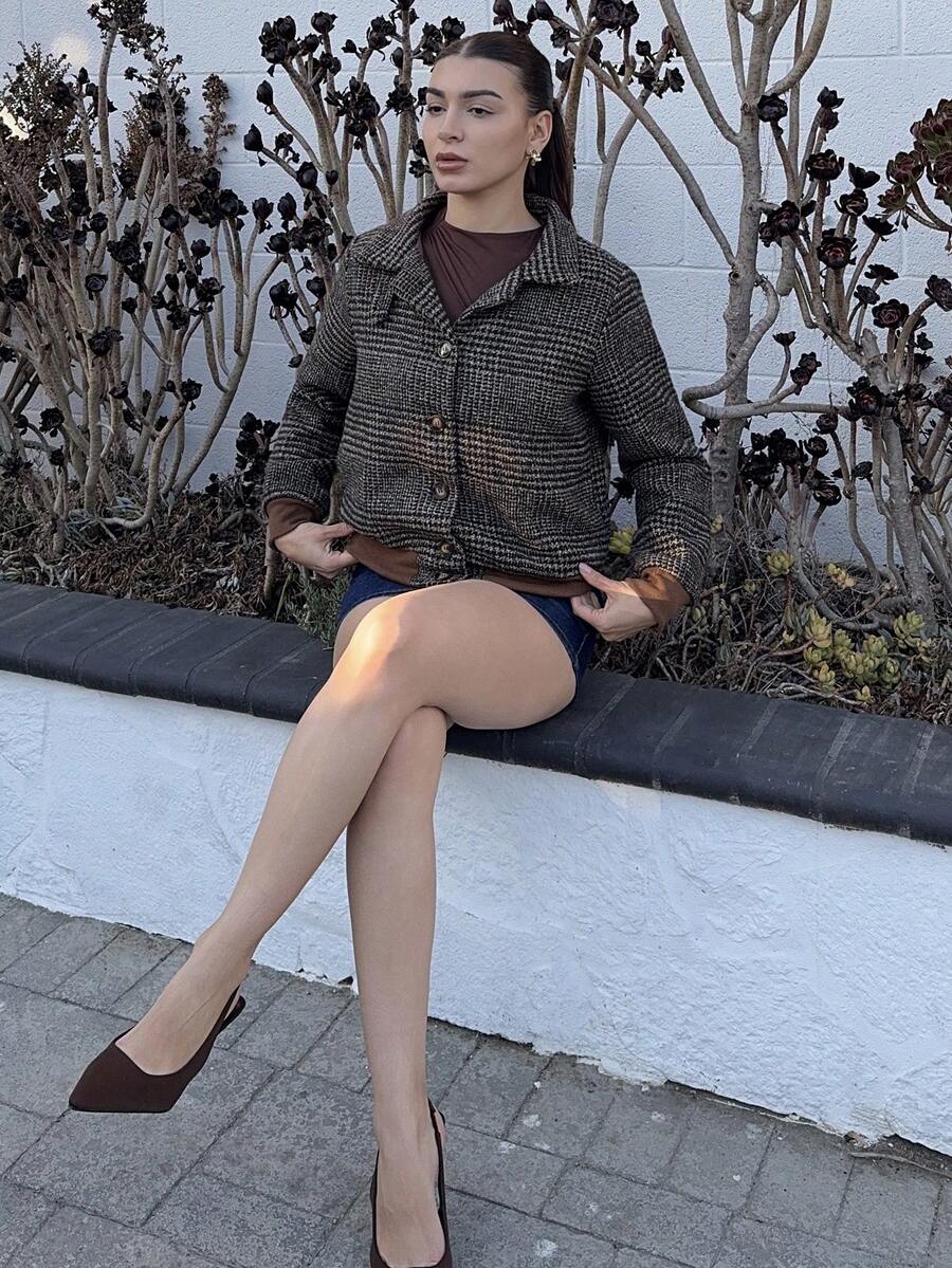 Andrea Bello Nueva chaqueta/abrigo de mujer de diseño de botones, manga larga, ajustado, de estilo casual y elegante con cuello vuelto y estampado a cuadros, para otoño/invierno