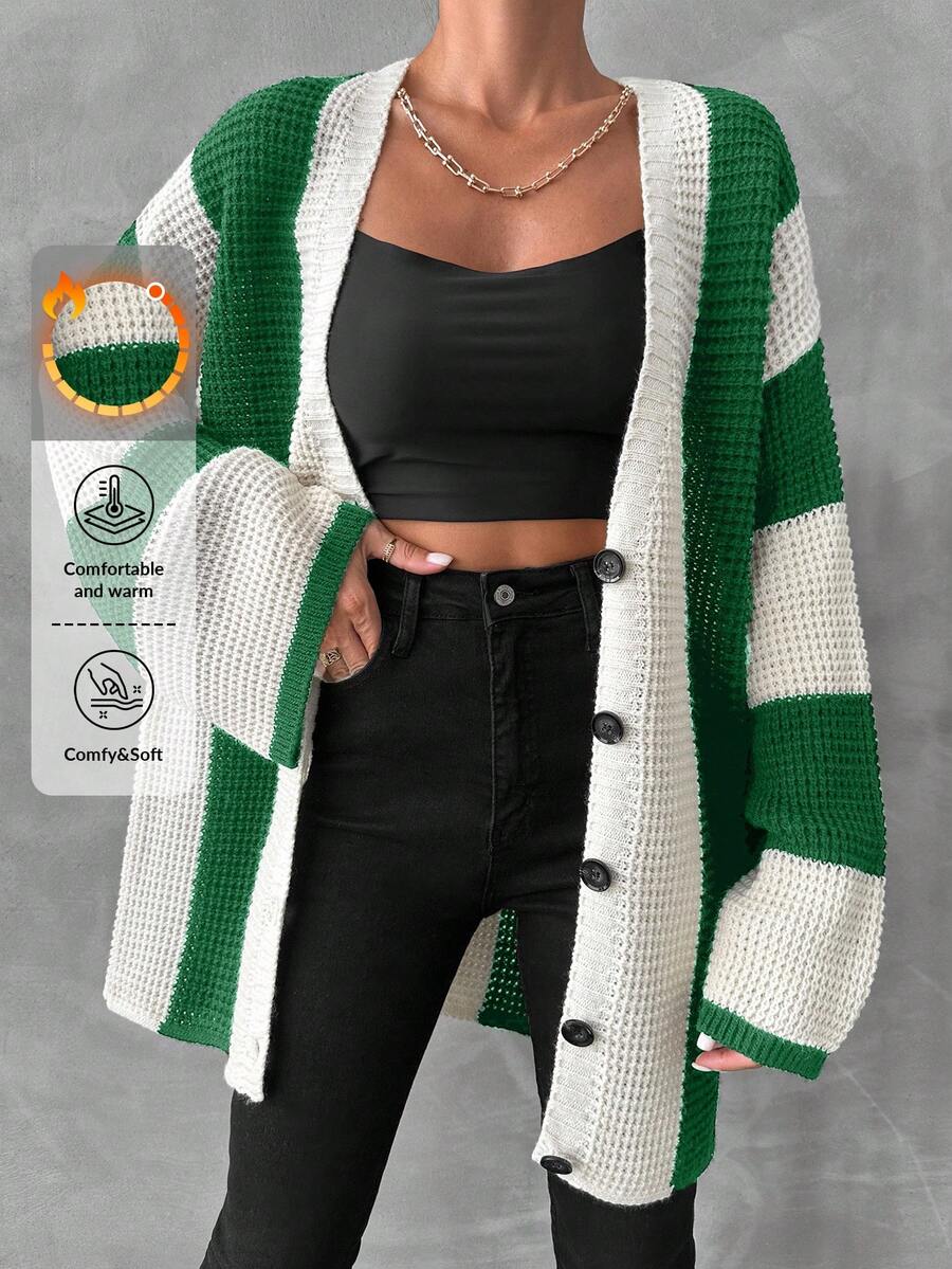 EURMUSE Women'S Striped Color Block Drop Shoulder Cardigan - Green - View 1
