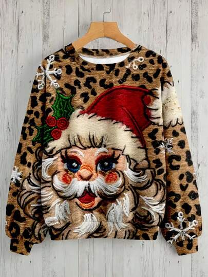 EMERY ROSE Women's Christmas Santa Claus & Leopard Print Round Neck Long Sleeve Casual Sweatshirt, Autumn/Winter