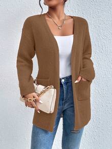 EURMUSE Cardigan de hombros caídos con doble bolsillo - Óxido marrón - Ver 3