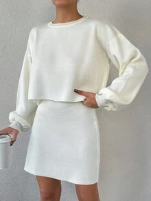 EURMUSE Ladies' Solid Color Round Neck Sweater And Knitted Skirt Set - Putih - View 5