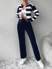 EURMUSE Women'S Color Block Striped Sweater And Monochrome Pants Two-Piece Set - Blue - View 5
