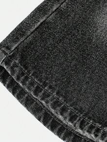 SHEIN 女婴蓝色牛仔毛绒衬里不对称腰部宽松裤 - 深灰色 - 查看 7