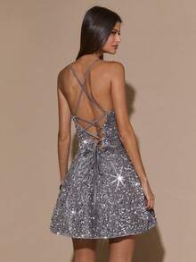 SHEIN BAE 女士纯灰色露背闪亮荷叶边下摆优雅鸡尾酒礼服，适合鸡尾酒会、浪漫约会、秋冬分层礼服、派对、正式聚会、万圣节礼服、圣诞节礼服、派对 - 銀色 - 查看 2