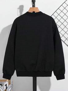 SHEIN Tween Boy 休闲百搭纹理迷你格子棒球夹克，适合通勤、上学、日常休闲装、运动、秋冬 - 黑色 - 查看 2
