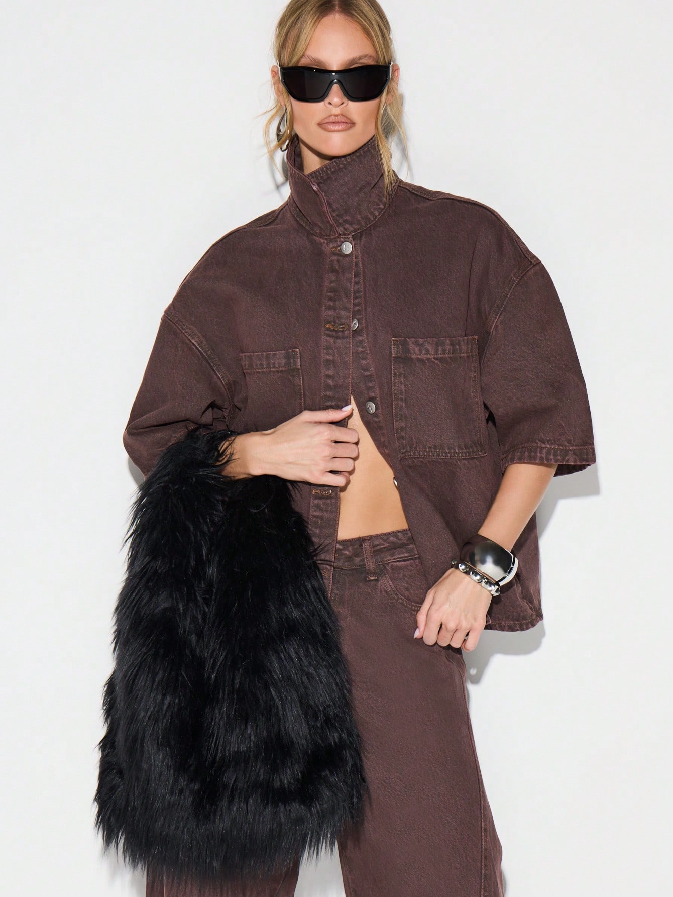 KIZN Sac à bandoulière en fausse fourrure avec poignée supérieure