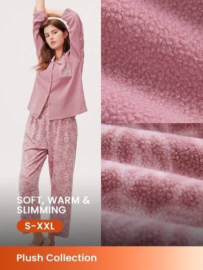 LUVLETTE Set pigiama a maniche lunghe stampato, morbido e caldo, per donna, 2 pezzi, colore viola