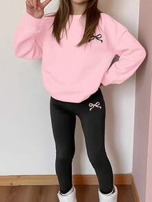 SHEIN Leap Crew 两件套少女休闲简约蝴蝶结装饰圆领加厚柔软卫衣和修身打底裤套装，适合秋冬季节，休闲穿搭，舒适易穿，适合儿童秋季叠穿，时尚童装，休闲服饰，返校季，秋季服装，返校节，适合户外活动、外出、街拍、居家穿着。 - 粉色 - 查看 7