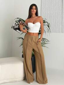 Ronhire Pantalones anchos elegantes y elegantes con diseño plisado para mujeres - Café integral - Ver 1