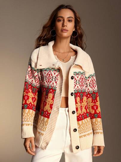 Chiquease Women's Gingerbread Man Pattern Long Sleeve Single-Breasted Casual Knit Cardigan, Autumn/Winter Multi-Color Crew Neck Fair Isle Casual Everyday Pullover Sweater Christmas