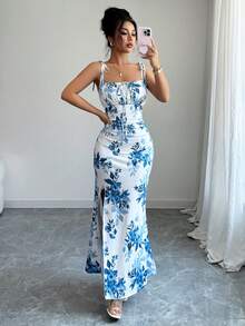 Elenzga 新款女式细肩带蝴蝶结腰部褶饰下摆开衩设计连衣裙，适合约会、派对、日常穿着，优雅迷人 - 藍白色 - 查看 6