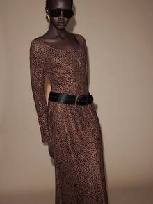 SHEIN LUNE Elegantes, modisches und sexy Damen-Kleid mit V-Ausschnitt, figurbetonter Passform, Leopard Muster und weiten Ärmeln - Rostbraun - Übersicht 8