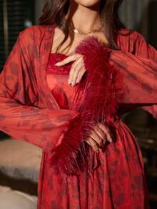 3pcs Mature Sexy Floral Lace Camisole Satin Women Sleepwear Set Red Silk Pajamas Satin Sleepwear Set Red Satin Pajamas Women Satin Slip Dress Silk Robe Set - Red - View 3