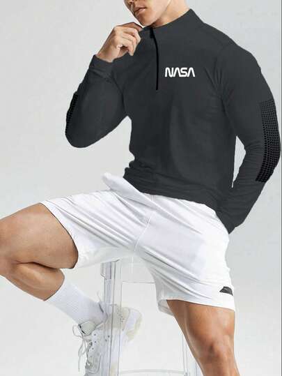 Manfinity Sport Corelite Manfinity Fitness 男式字母图案四分之一拉链运动夹克健身上衣 Back To School Pride 运动衫男式慢跑运动衫男式健身上衣秋季透气运动夹克