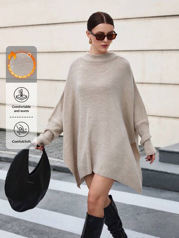 EURMUSE Mujer Suéter oversize de cuello alto y manga corta de unicolor