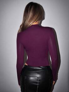 SHEIN ICON Bikercore 对比色网眼黑色立领修身紧身衣 - 紫色 - 查看 2