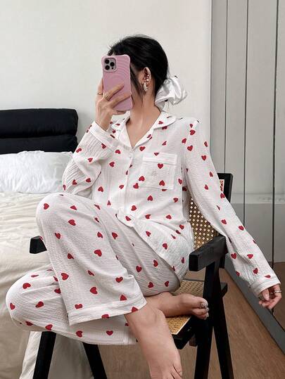 Bubble Crinkle Heart Print Loungewear Set, Indoor Outdoor Wear Zachte Pyjama Set Pajama Fall Clothes view 6