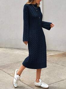 EURMUSE Women's Knitwear Long Dress With Cable Pattern - Navy Blue - View 5