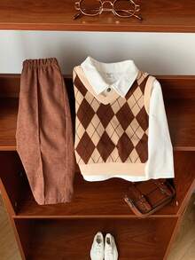 SHEIN 男婴保暖套装，白色长袖衬衫、格子背心和灯芯绒裤，适合室内、户外滑雪、日常穿着、运动、玩耍、聚会、秋冬季摄影等场合。 - 棕色 - 查看 6