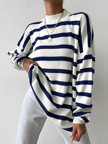 EURMUSE Women's Loose Fit Oversized Striped Long Sleeve Knit Sweater, Autumn/Winter - Navy Blue - View 6
