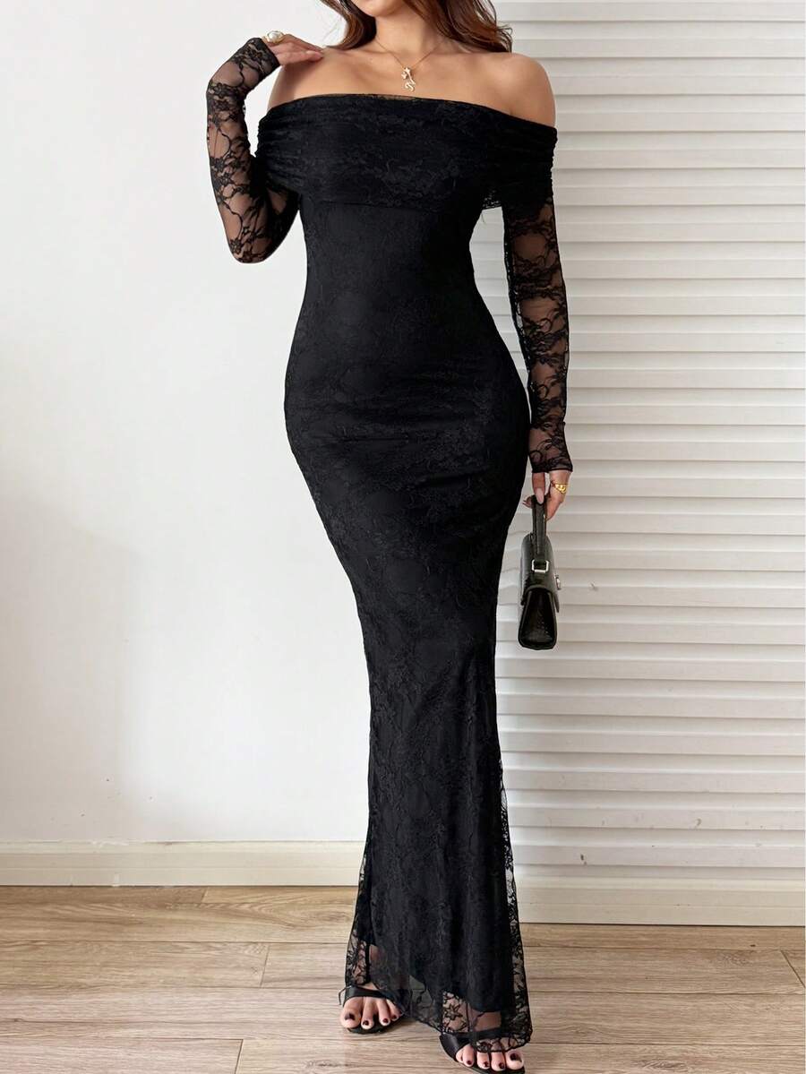 Sunnyshic Elegant Solid Color Lace Off-Shoulder Wedding Christmas Party Dress - Black - View 1