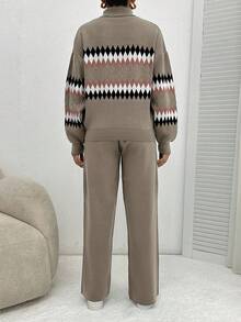 EURMUSE Women's Geometric Pattern High Neck Sweater 2pcs/Set - Beige - View 2