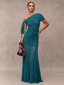 SHEIN BAE Women's Solid Color Ruched Asymmetric Elegant Dress - Teal Blue - View 3