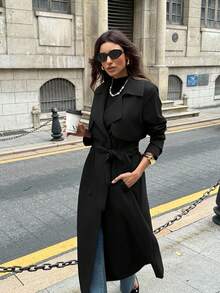 Firerie 女士优雅休闲通勤办公室时尚海军蓝长袖双排扣口袋收腰长款风衣夹克，秋季 - 黑色 - 查看 11