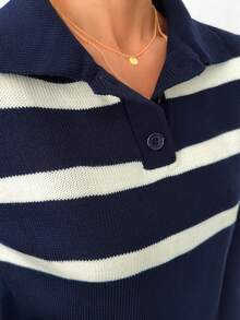 EURMUSE Conjunto de duas peças de malha azul marinho com suéter listrado de gola polo e calça larga de cintura alta combinando - Azul marinho - Ver 6