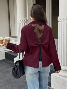 Easura Blusa de moda de manga larga con encaje de contraste para mujer de talla grande