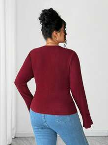 SHEIN Elenzya Áo thun tay dài cổ chữ V thanh lịch, chất liệu lưới xoắn cỡ lớn dành cho nữ - Màu Đỏ Sâu - Xem 2