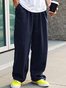 SHEIN 青少年男孩简约廓形海军蓝运动裤，休闲、舒适、时尚、百搭、面料柔软，适合日常穿着、上学、旅行、户外运动、秋冬 - 藏蓝色 - 查看 5