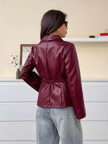 SHEIN EZwear Women's Fashion Street Style Rose Red PU Leather Wrap Collar Regular Jacket Coat, Autumn Apparel