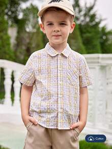 Joliand Joliand 1pc Young Boy's Elegant & Fashionable Urban Stylish Plaid Pattern Collar Shirt, Suitable For Parties, Outings, Picnics, Summer Young Boys Clothing 4t Young Boys Suit Set Young Boys 2 Pieces Young Boys Sets Youth Boy Tshirt Back To School  School  Clothes School Supplies - Multicolor - View 2