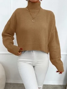 EURMUSE Mock Neck Drop Shoulder Sweater - Camel - View 4