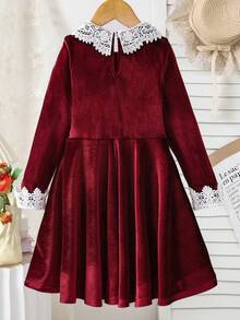 少女长袖圆领连衣裙，秋冬 - 酒紅色 - 查看 2