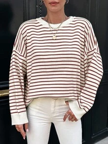 EURMUSE Women's Striped Round Neck Drop Shoulder Sweater - Dusty Pink - View 4