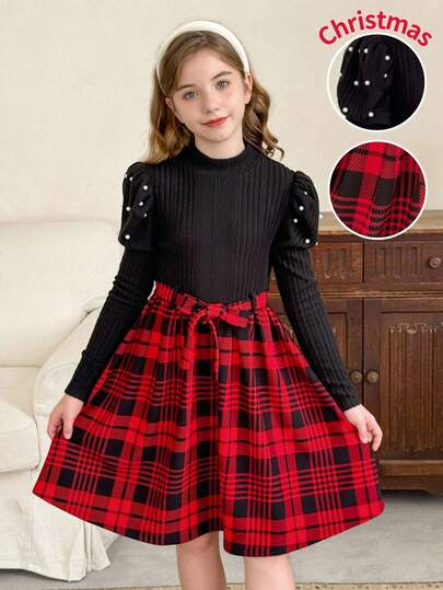LMoss Kids LMoss Kids Tween Girl Knitted Solid Color Ruffle Hem Plaid Casual Dress, Red An Black Outfit Kids Girls, Plaid Skirt For Girls, Christmas Girls Outfits,Suitable For Autumn And Winter Wear
