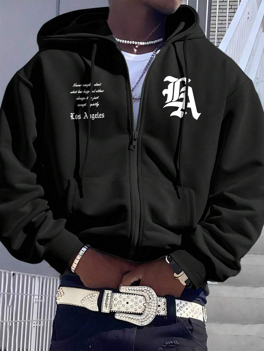 Manfinity LEGND 字母印花连帽拉链休闲长袖卫衣，保暖内衬字母图案印花拉链连帽衫