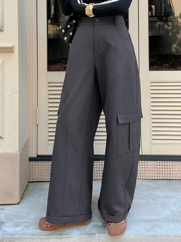 Women's Casual Everyday Commute Fashion Street Chic Minimalist Solid Color Flap Pocket Loose Wide Leg Cargo Pants